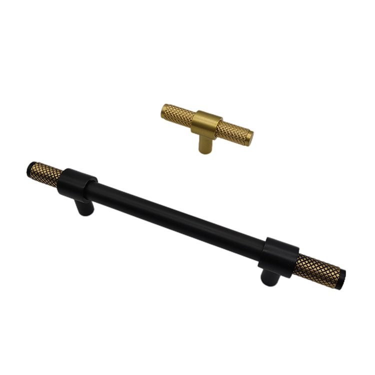 Manijas moleteadas negras para gabinete en barra en T de latón pulido